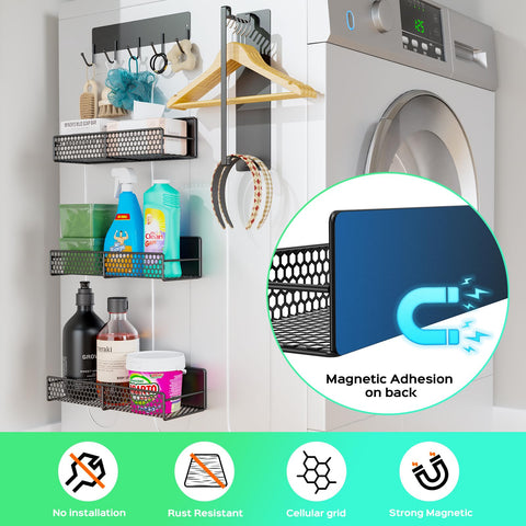 ASTON ELDER magnetic shelves beside washer organize laundry essentials within arm's reach