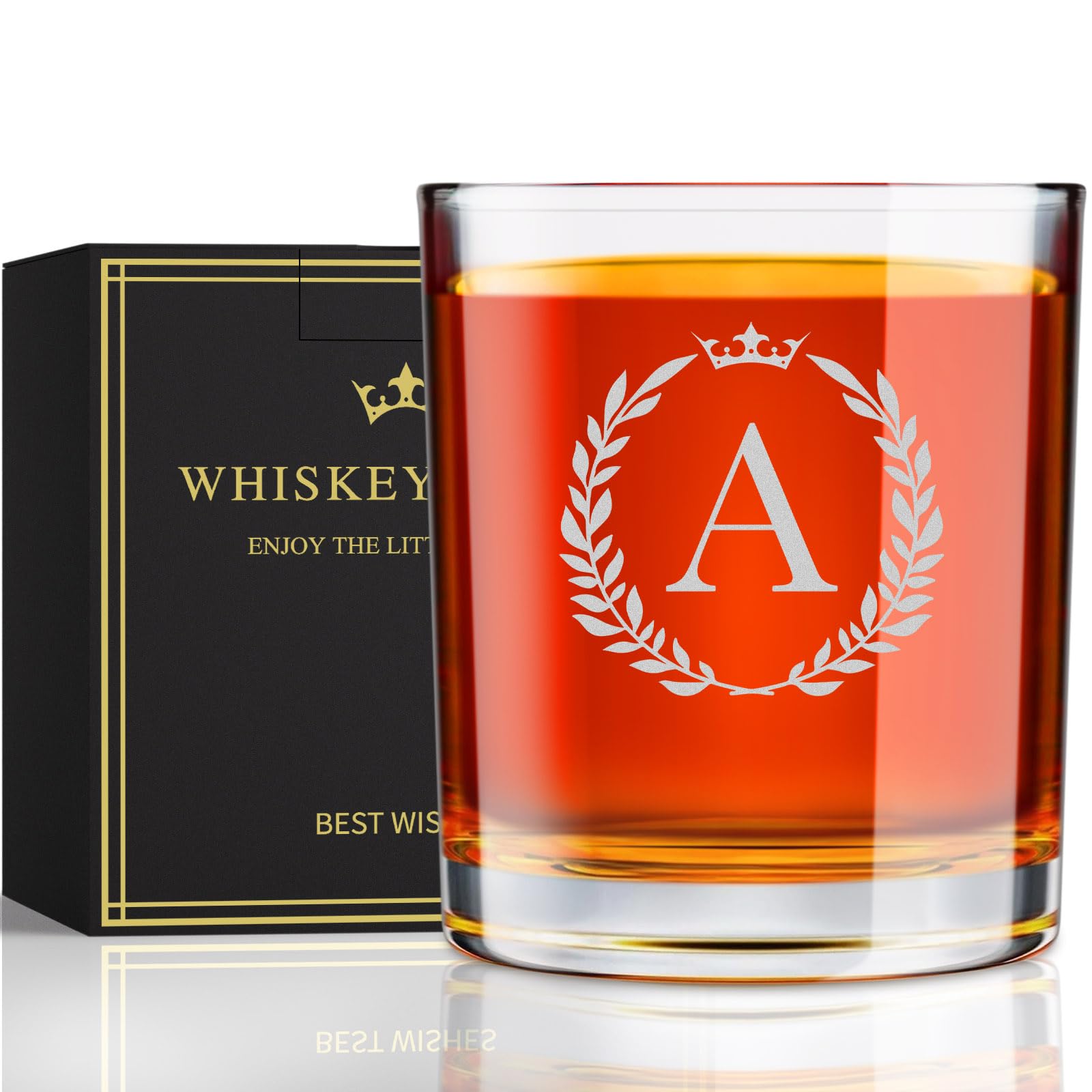 Astonlink personalized A-Z engraved whiskey glass, front view showing clarity and gift appeal.