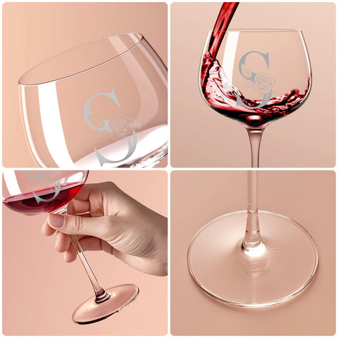 Astonlink close-up of etched initials on a stylish wine glass.