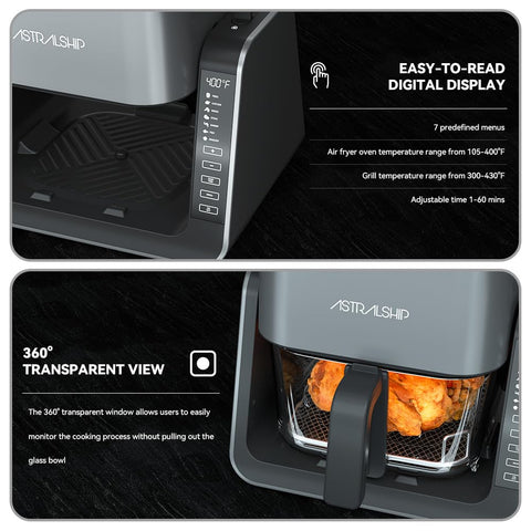 Astralship Glass Air Fryer interior bowl view highlights its 4.2qt capacity
