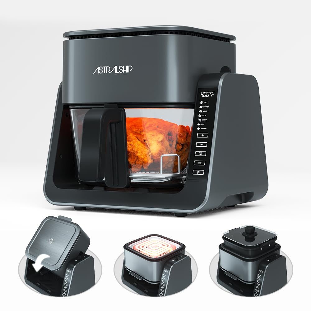 Astralship Glass Air Fryer front view shows the toxin-free glass bowl for healthier meals
