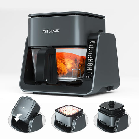 Astralship Glass Air Fryer front view shows the toxin-free glass bowl for healthier meals