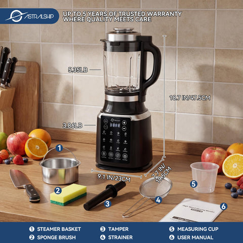 Astralship blender for hot soups uses high-speed heating for smooth texture.