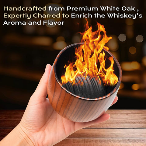 Astratos charred wooden bourbon glass close-up highlighting distinctive grain.