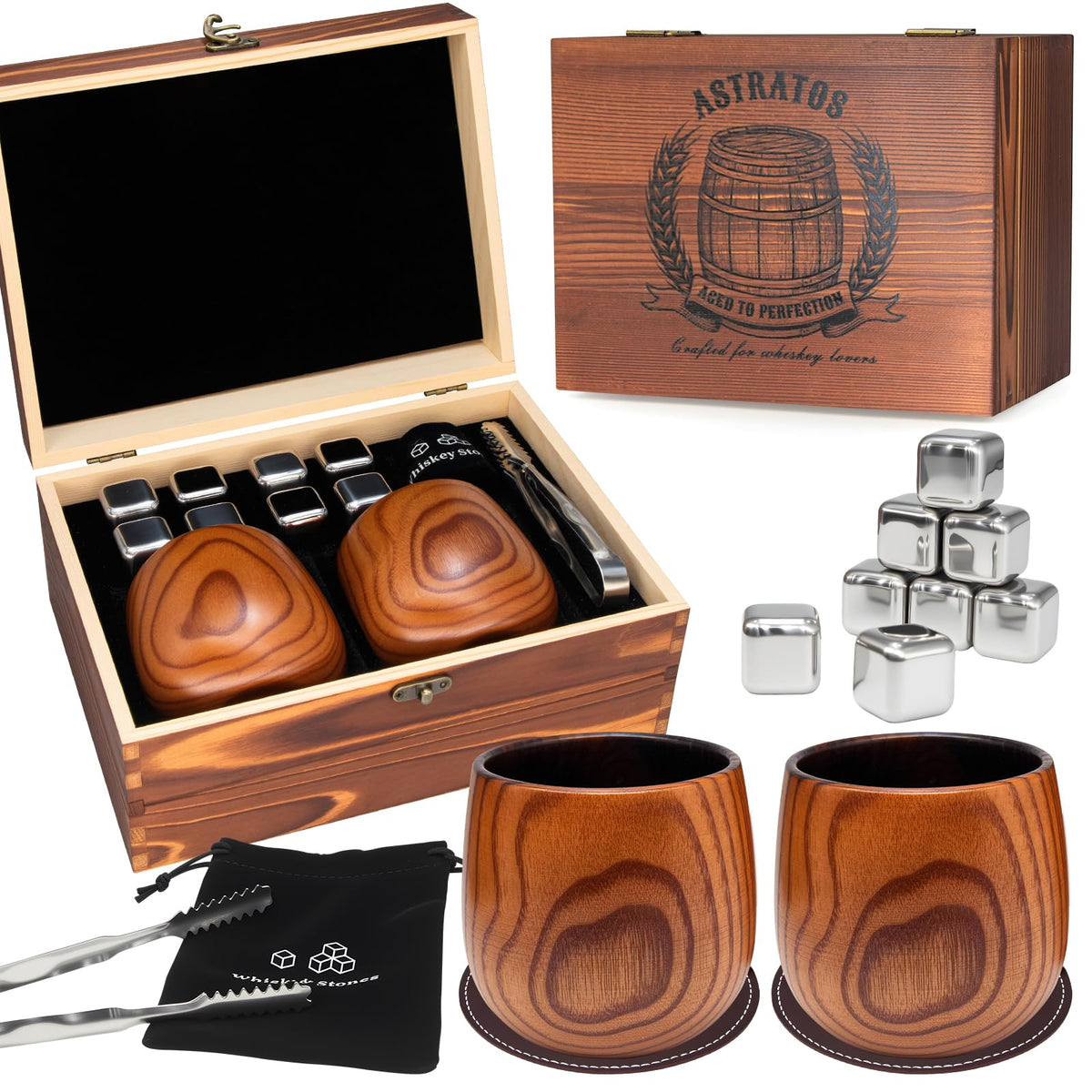 Astratos charred wooden bourbon glasses set showing natural grain and oak craftsmanship.
