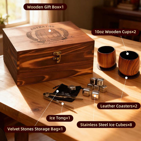 Astratos wooden whiskey stones eight-pack keeps drinks cool without dilution.