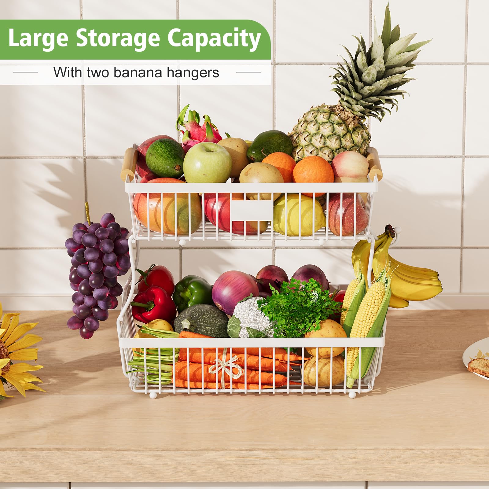 Astrorhine countertop bread basket with wooden handle for easy bread storage.