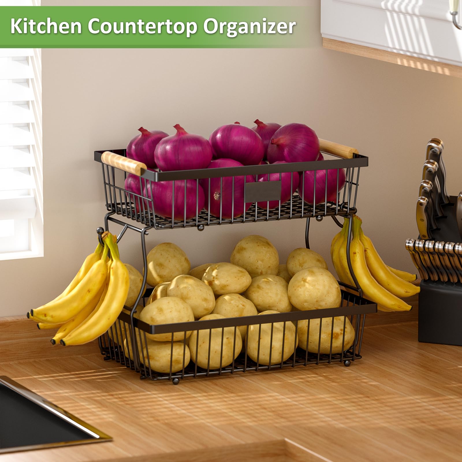 Astrorhine countertop storage stand blends with kitchen decor and boosts organization.