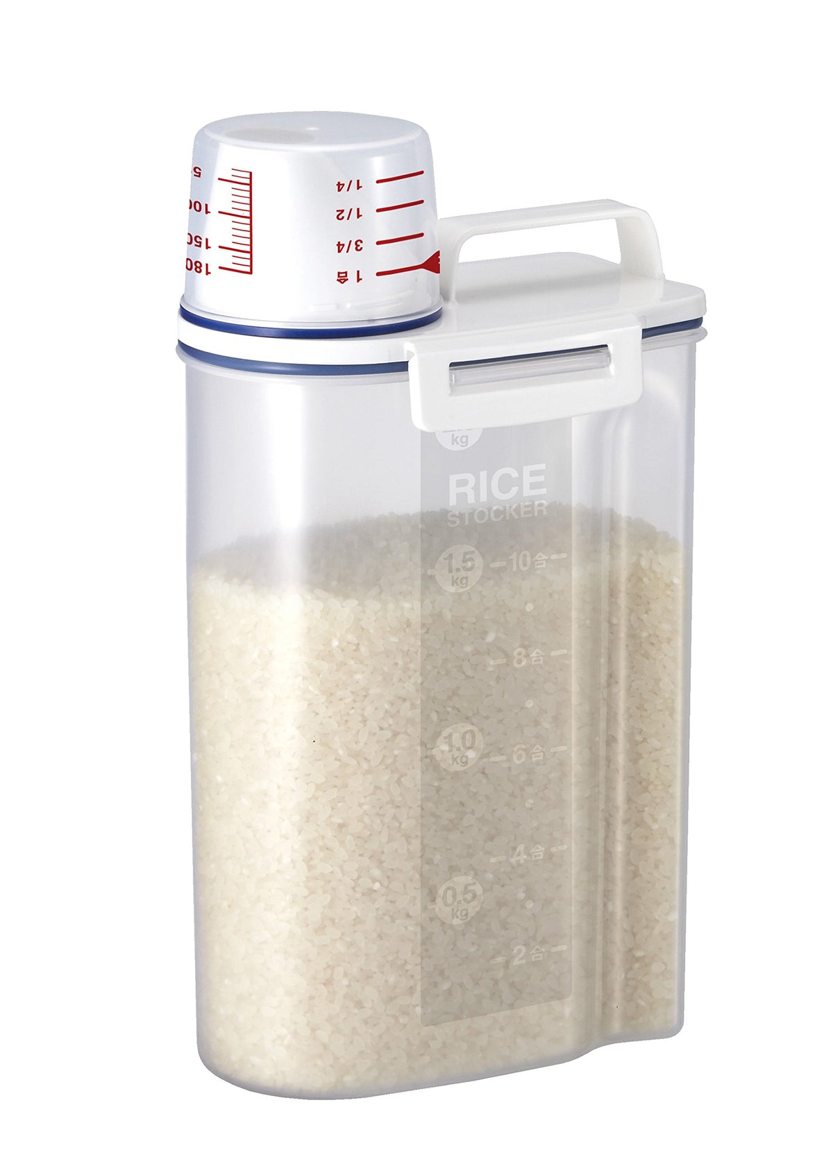 Asvel 7509 rice container with pour spout for controlled pouring.