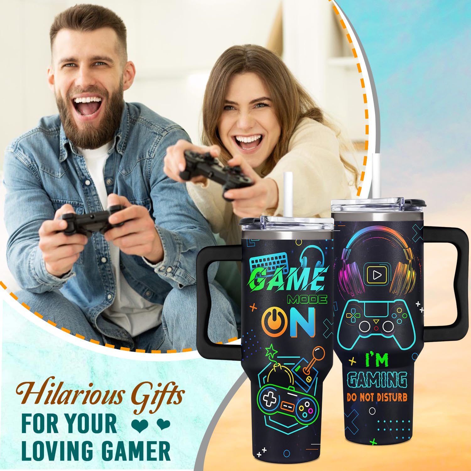 AT2Z GLOBAL 40oz game tumbler with straw ideal for hot or cold drinks.