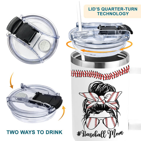 AT2Z GLOBAL Baseball Mom 40oz tumbler fits car cup holders for travel.