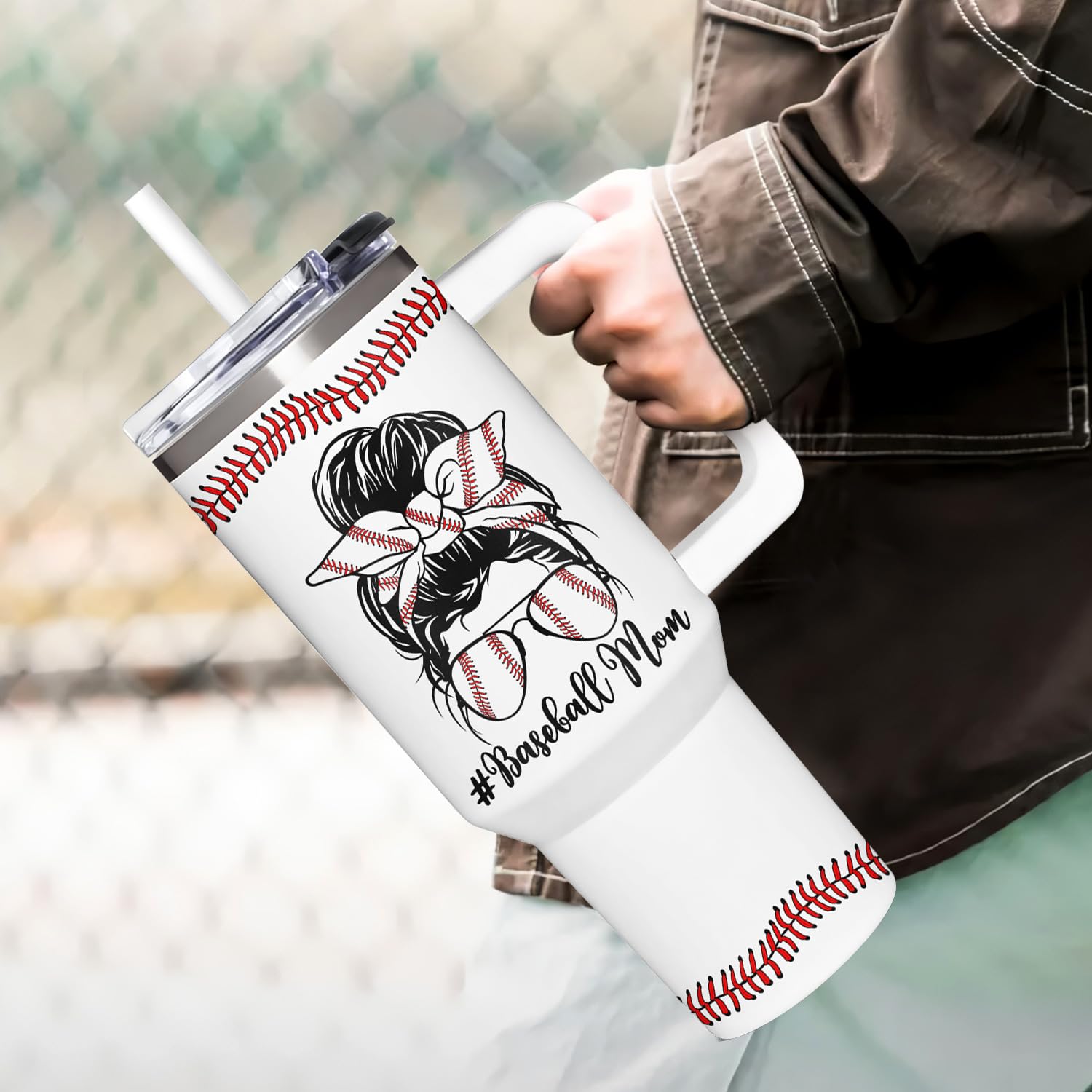 AT2Z GLOBAL Baseball Mom 40oz tumbler keeps cold drinks cool for hours.