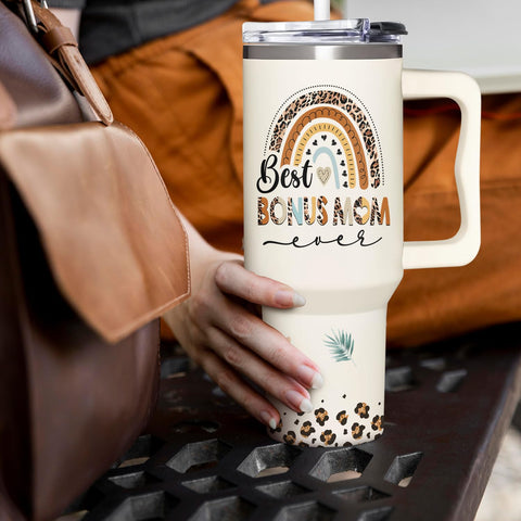 AT2Z GLOBAL Bonus Mom Mothers Day design tumbler suited for gifting.