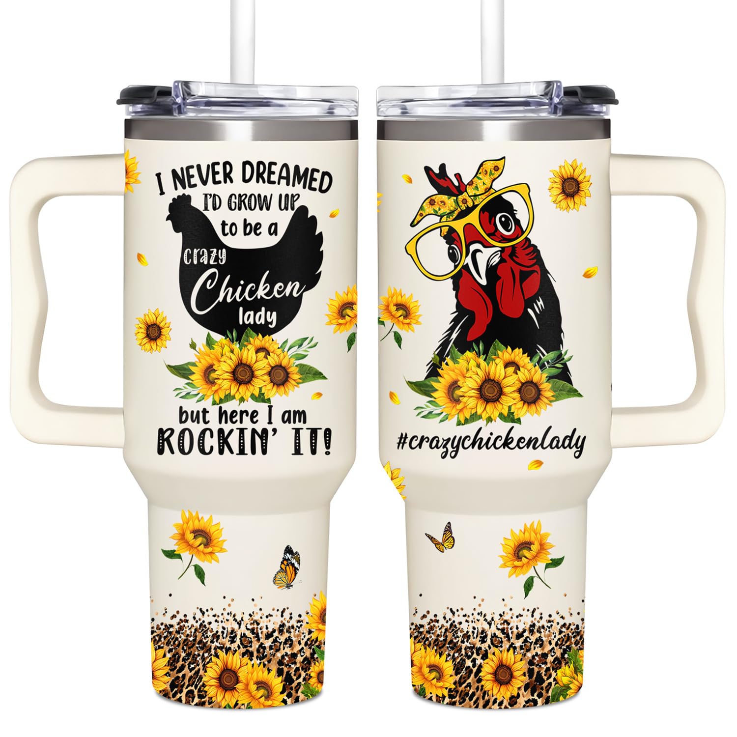 AT2Z GLOBAL chicken 40oz tumbler with handle and secure lid for easy transport.
