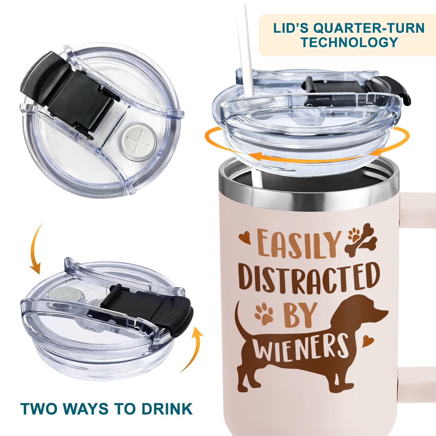 AT2Z GLOBAL Dachshund tumbler with clear lid for mess-free sipping.
