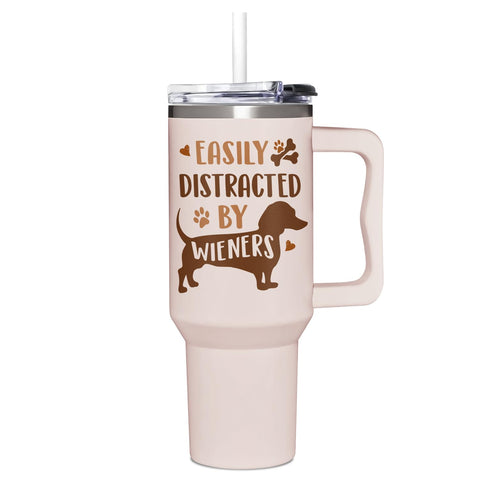 AT2Z GLOBAL Dachshund tumbler with handle, ideal for on-the-go coffee lovers.