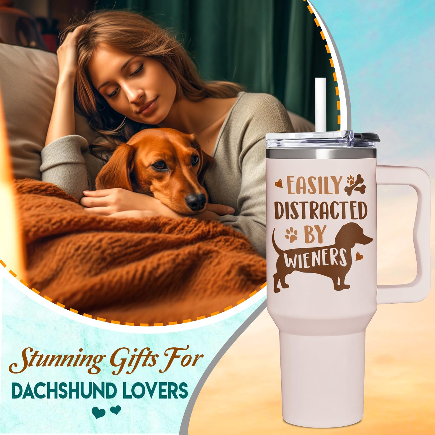 AT2Z GLOBAL Dachshund tumbler with straw, easy sipping outdoors.