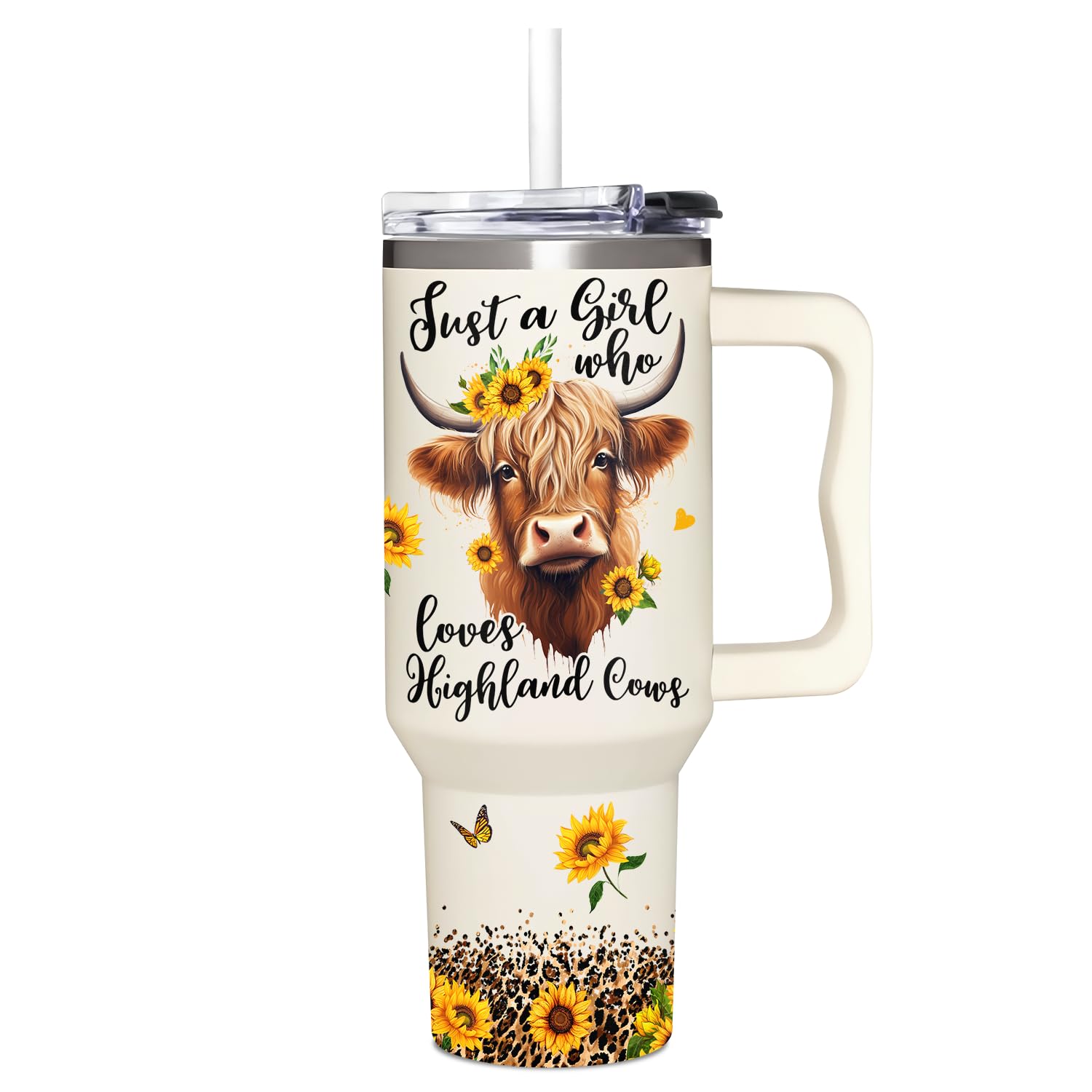AT2Z GLOBAL Highland Cow tumbler with handle and straw for portable use