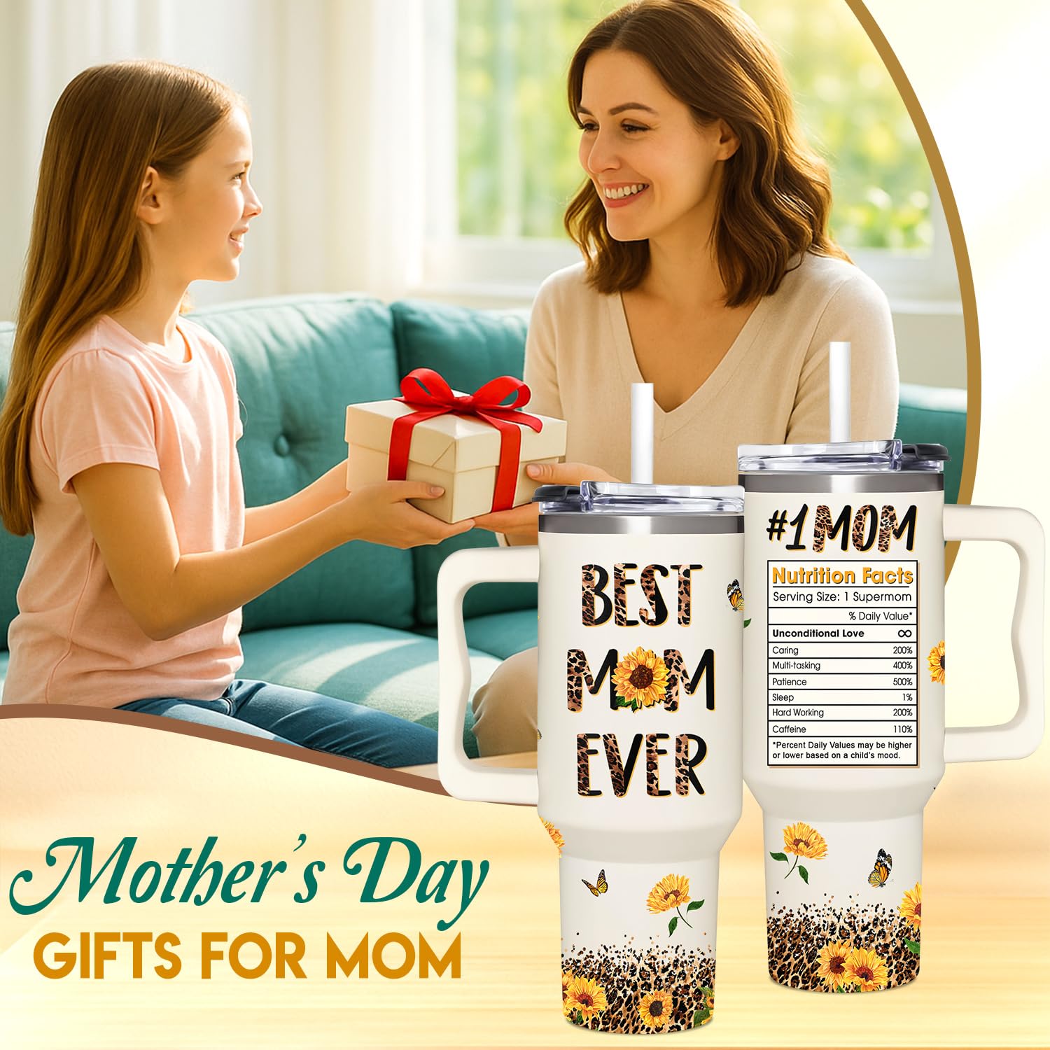 AT2Z GLOBAL Mother's Day 40oz tumbler with lid for secure daily beverages.