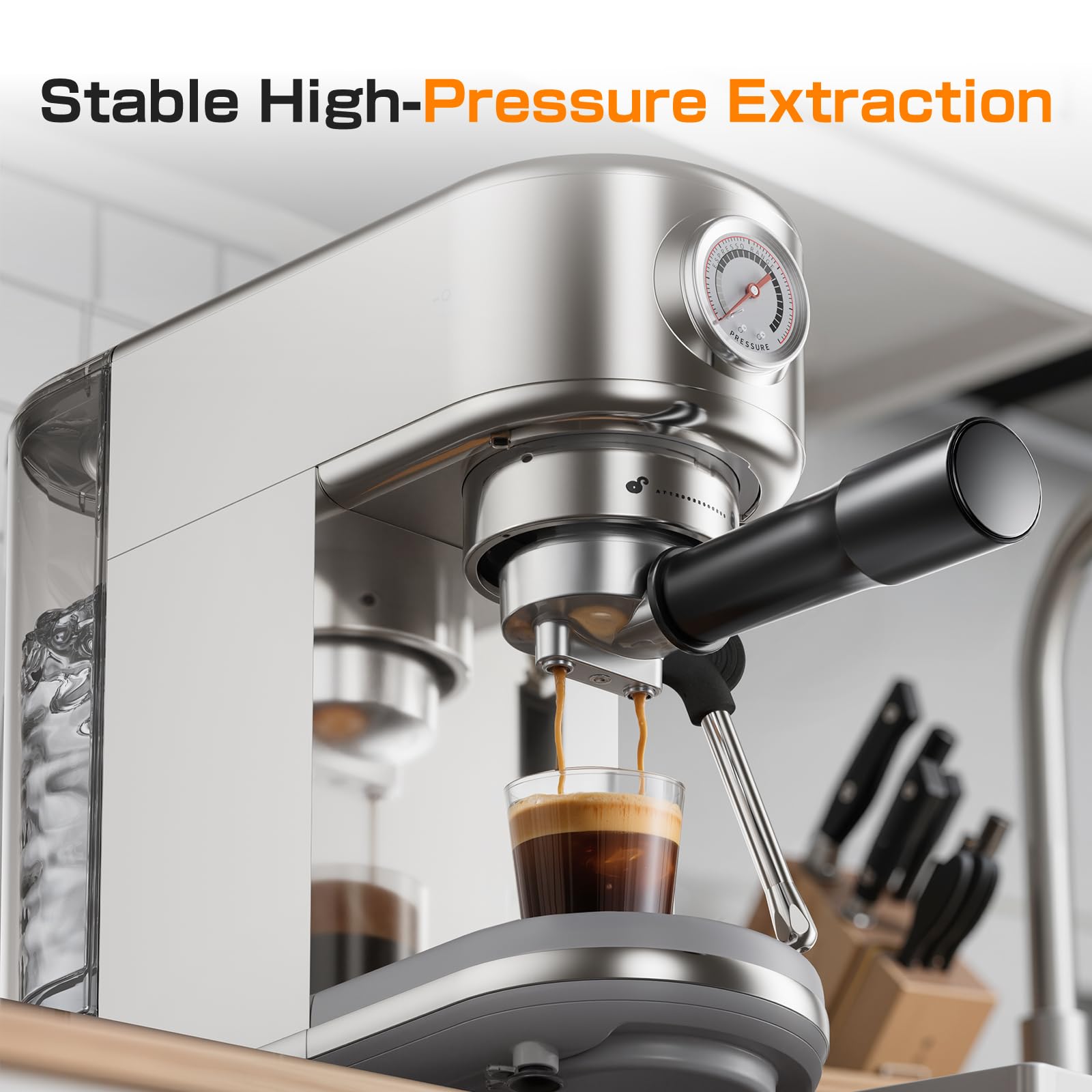 atatix Espresso EM3111 pressure gauge close-up to monitor shot quality