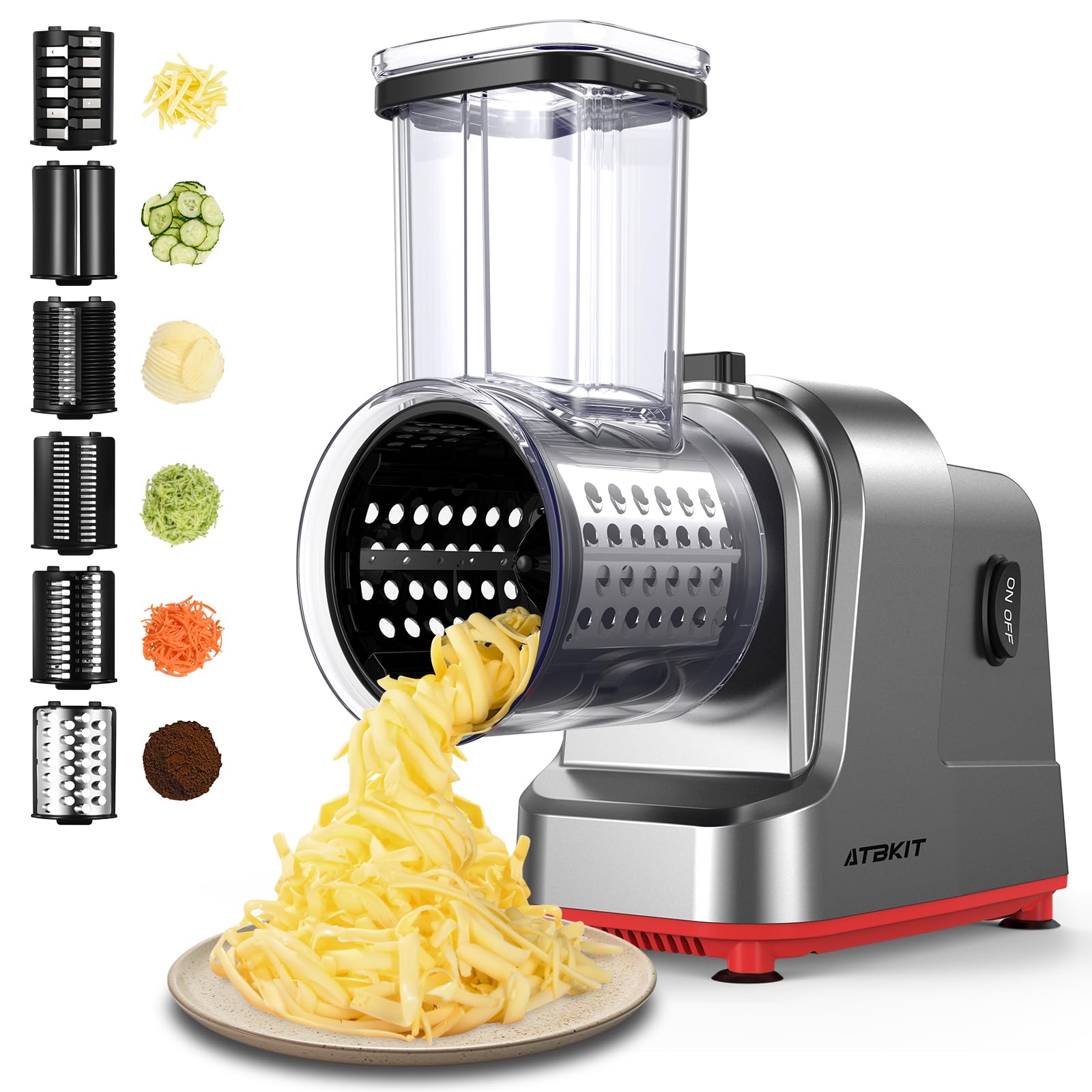 ATBKIT Electric Cheese Grater motor powers fast shredding and slicing.
