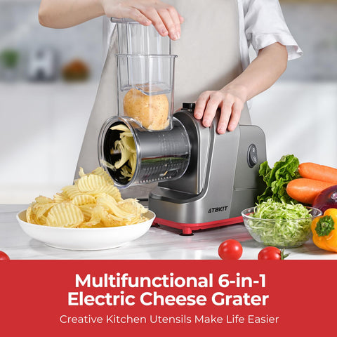 ATBKIT six-blade attachments enable versatile grating, slicing, and julienne.