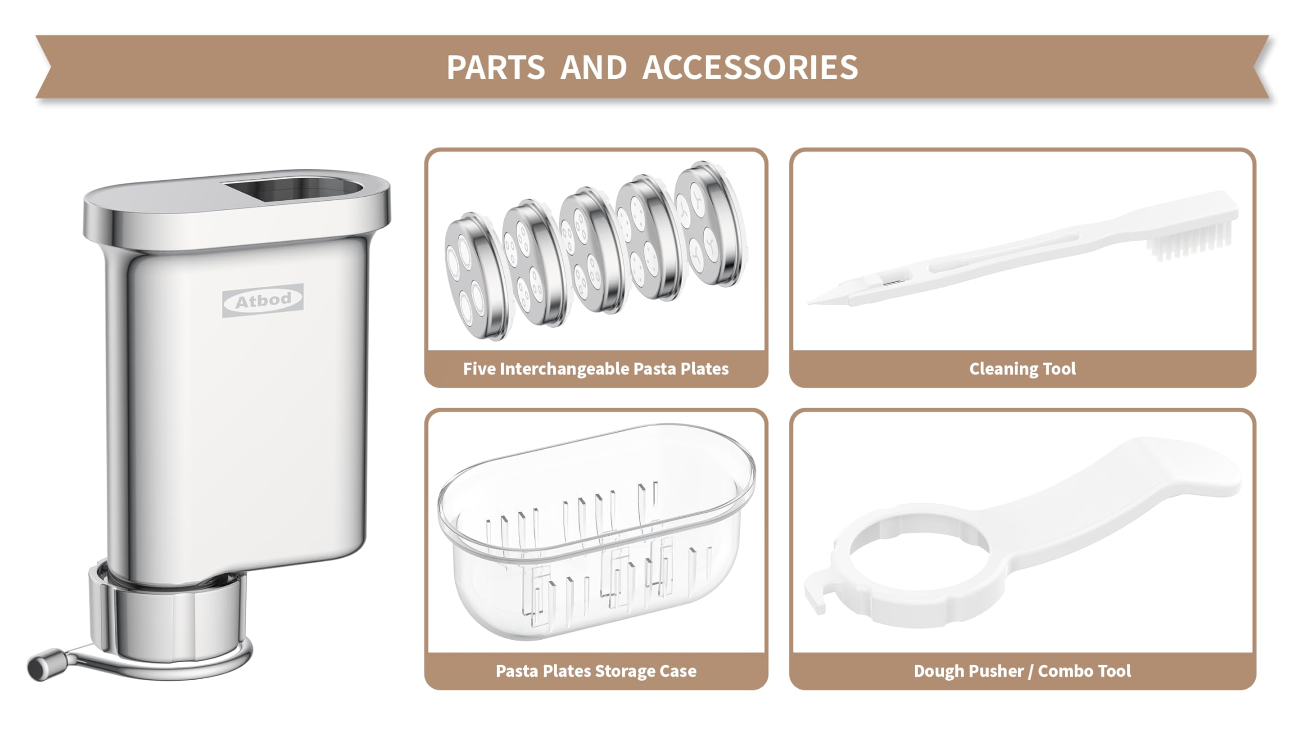 Atbod pasta press with large macaroni disc for bold tubes