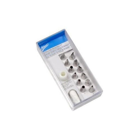 Ateco 14-piece cake decorating set with bag and tips for versatile piping designs.