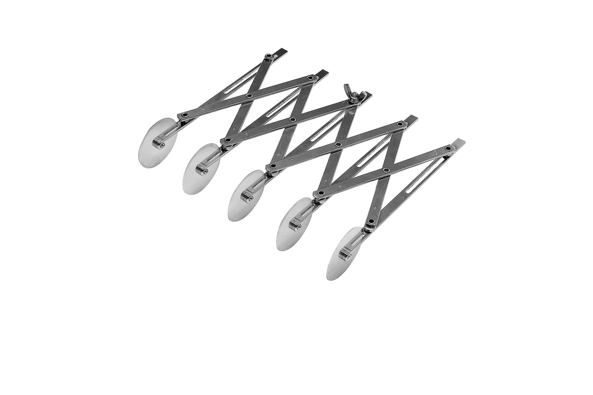 Ateco 5-Wheel Cutter assembly demonstrates adjustable spacing for even cuts