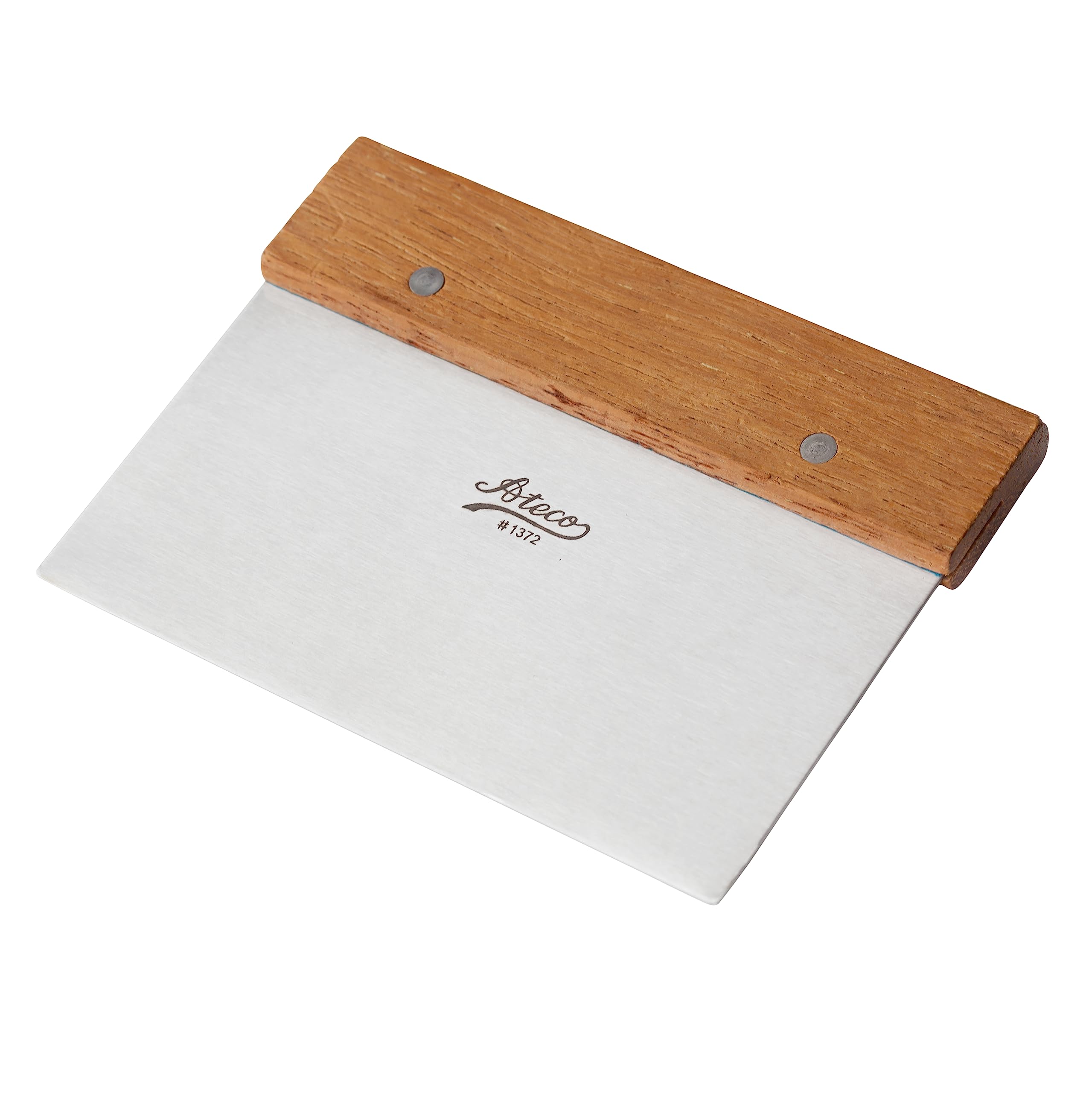 Ateco bench scraper small with wood handle for precise dough cutting and clean work surfaces.