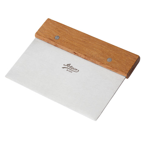 Ateco bench scraper small with wood handle for precise dough cutting and clean work surfaces.