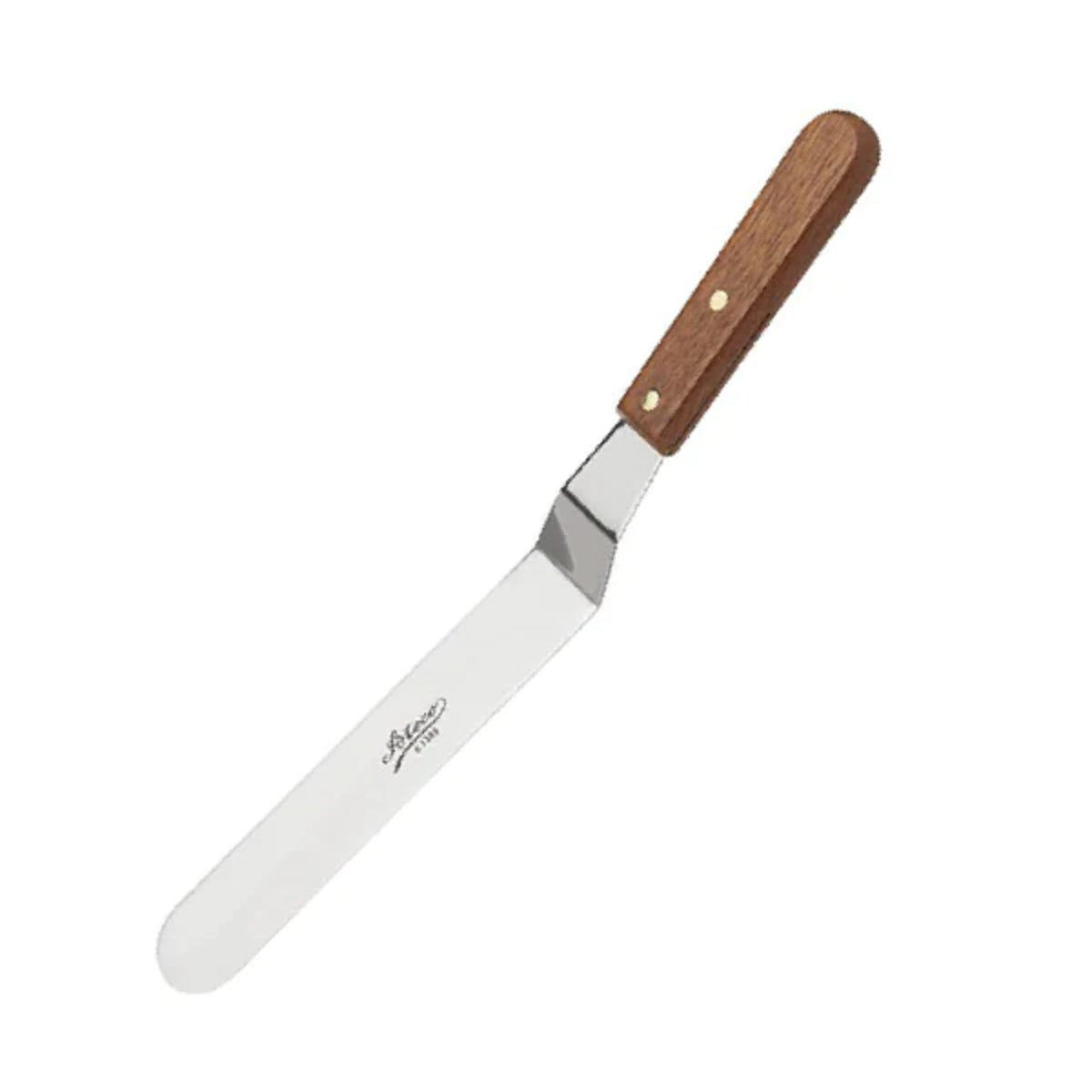 Ateco offset spatula with stainless blade and wood handle for precise icing control.