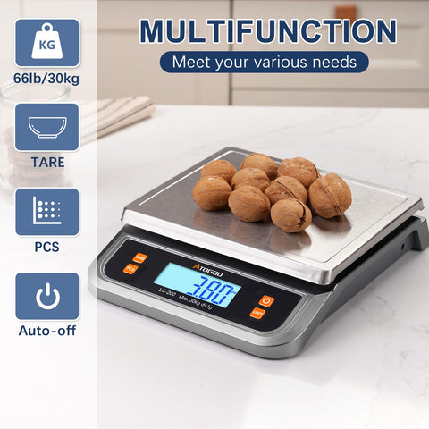 Atogou LC200 scale powered by AA batteries or USB for flexibility.