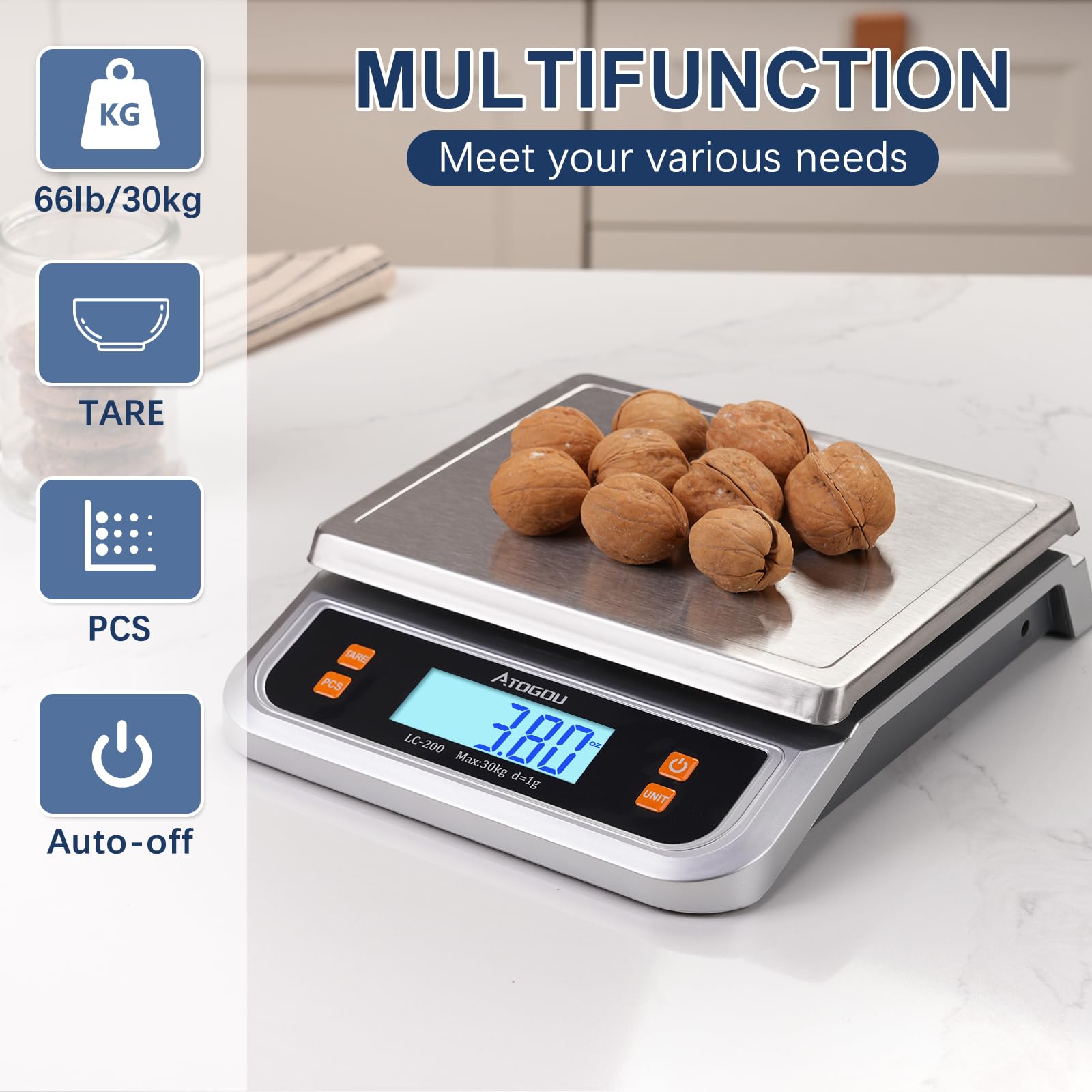 Atogou LC200 scale with large footprint and clear power options for flexible use