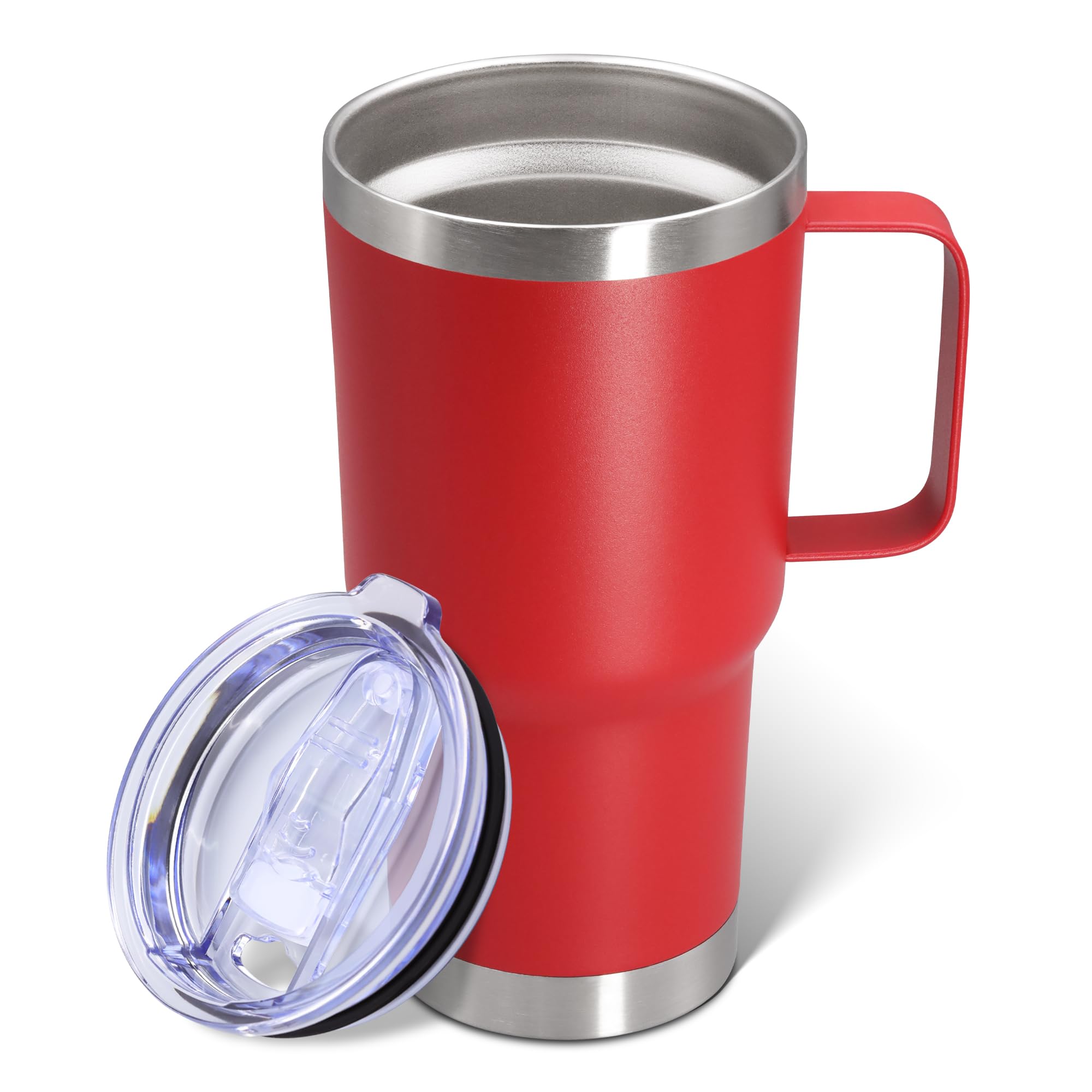ATQTQ 20 oz tumbler with handle and lid in red, front view for easy grip