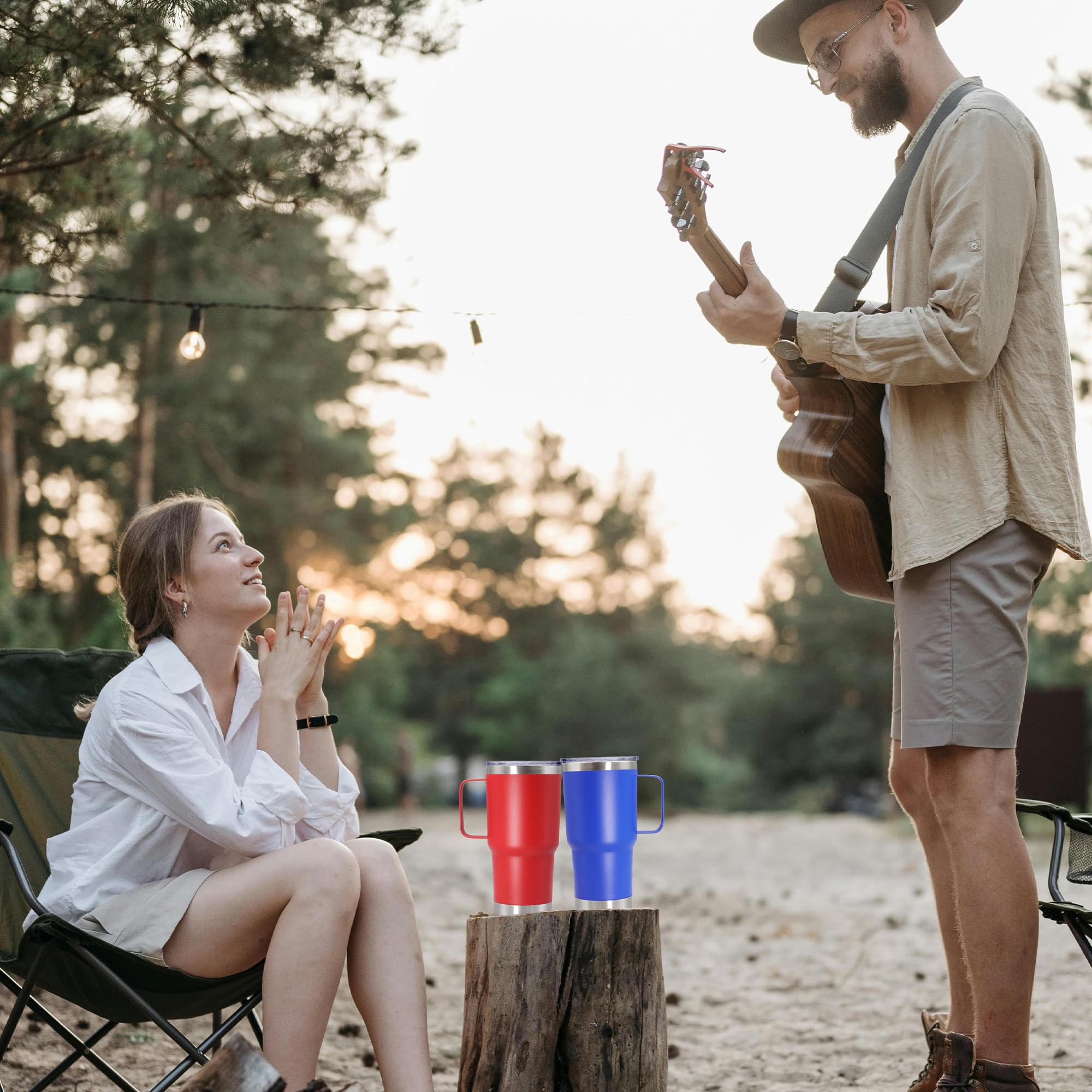 ATQTQ 20 oz tumbler with handle and lid in red, side view for portable use