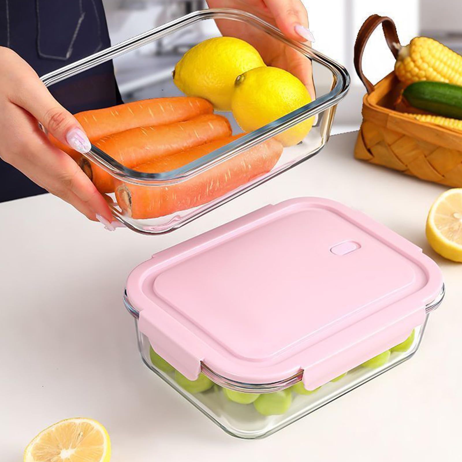 ATRDTO glass containers in fridge preserve freshness of ingredients.
