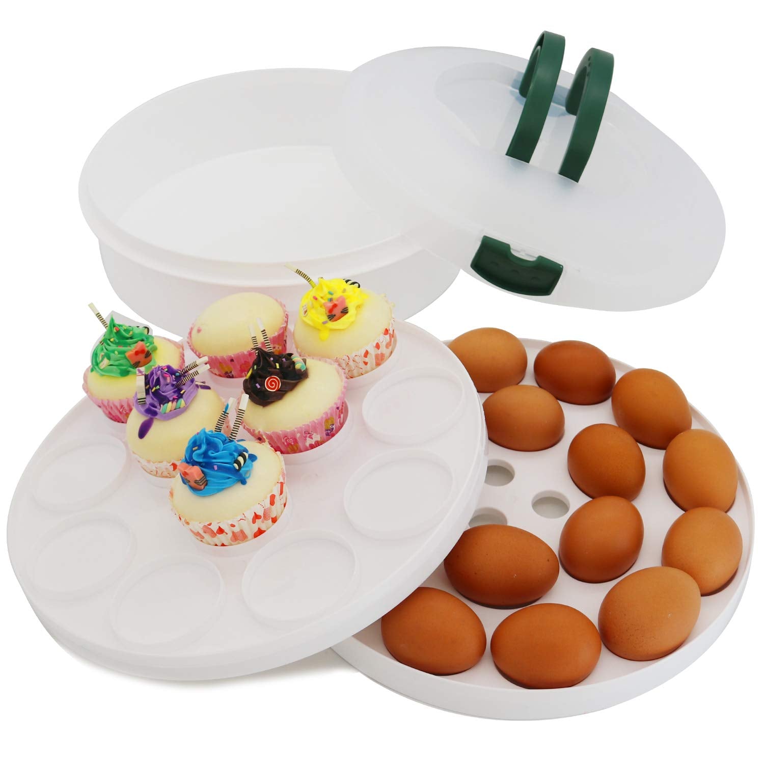 ATRDTO removable-tray keeps cupcakes and eggs organized within the multi-use container.