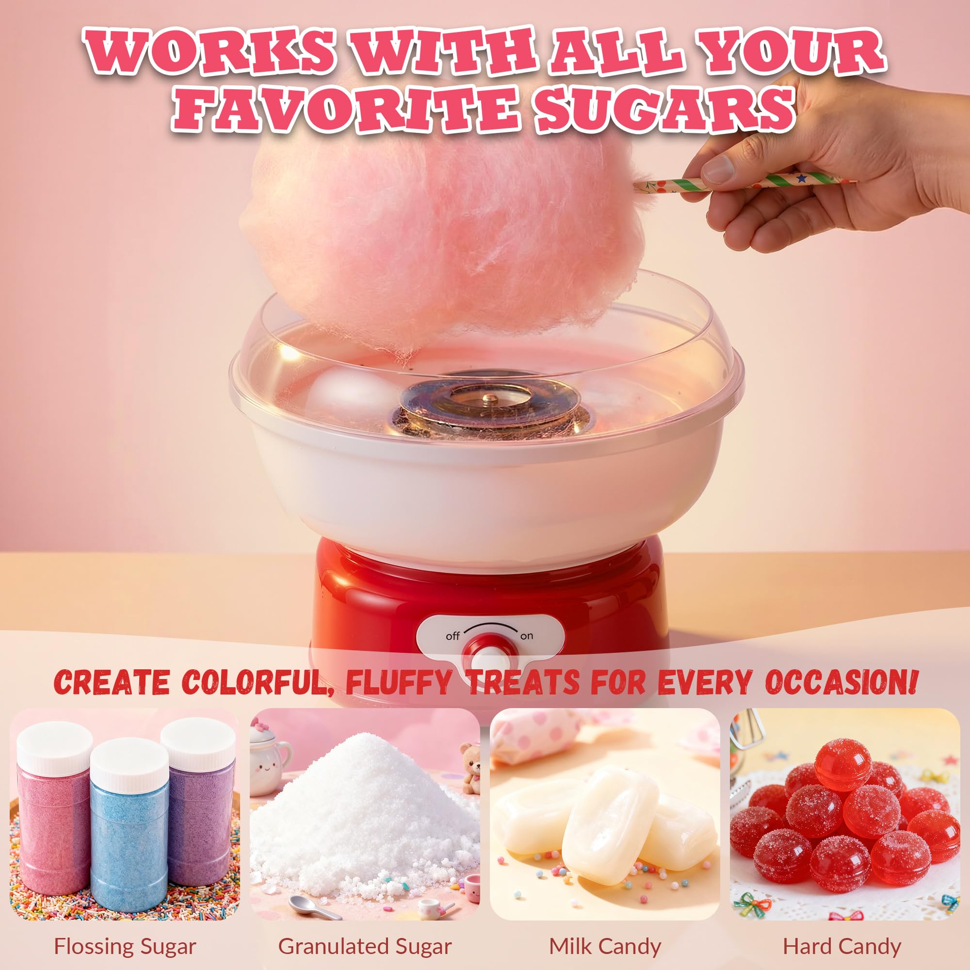 ATSENT cotton candy machine with sugar bin close-up shows safe, upgraded design.