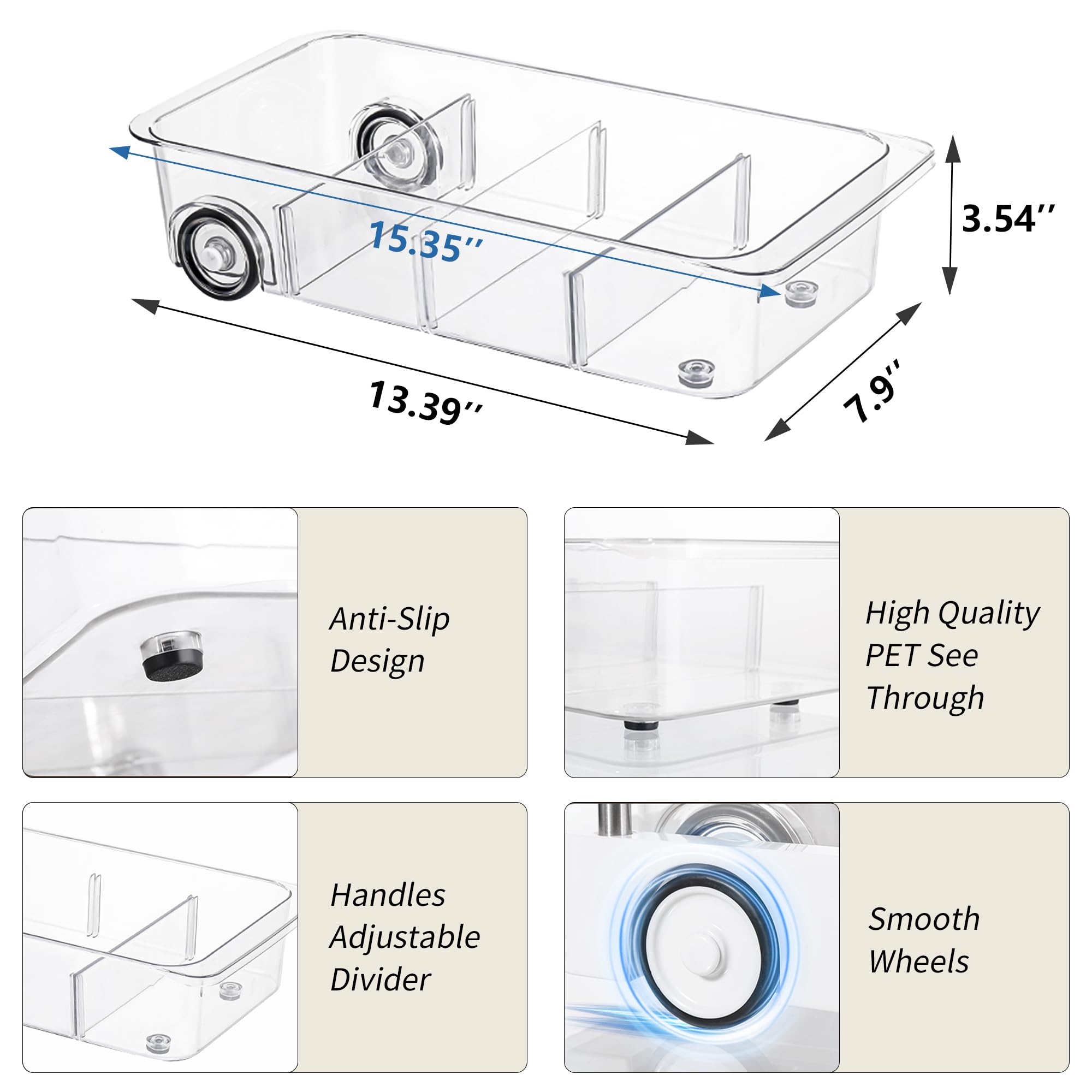 Attelite 3-pack fridge organizer with wheels and adjustable dividers for flexible storage
