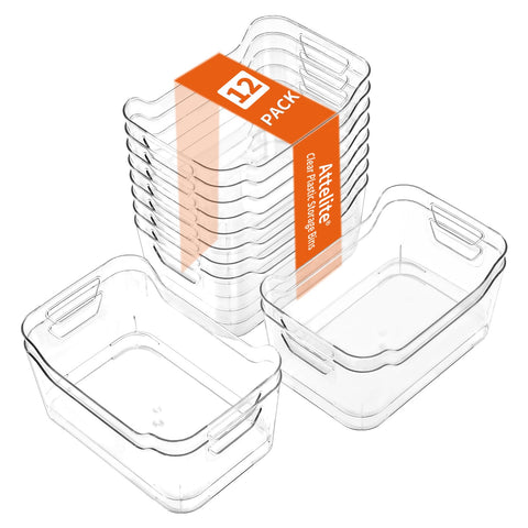 Attelite clear storage bin for kitchen shelf keeps snacks organized and visible.