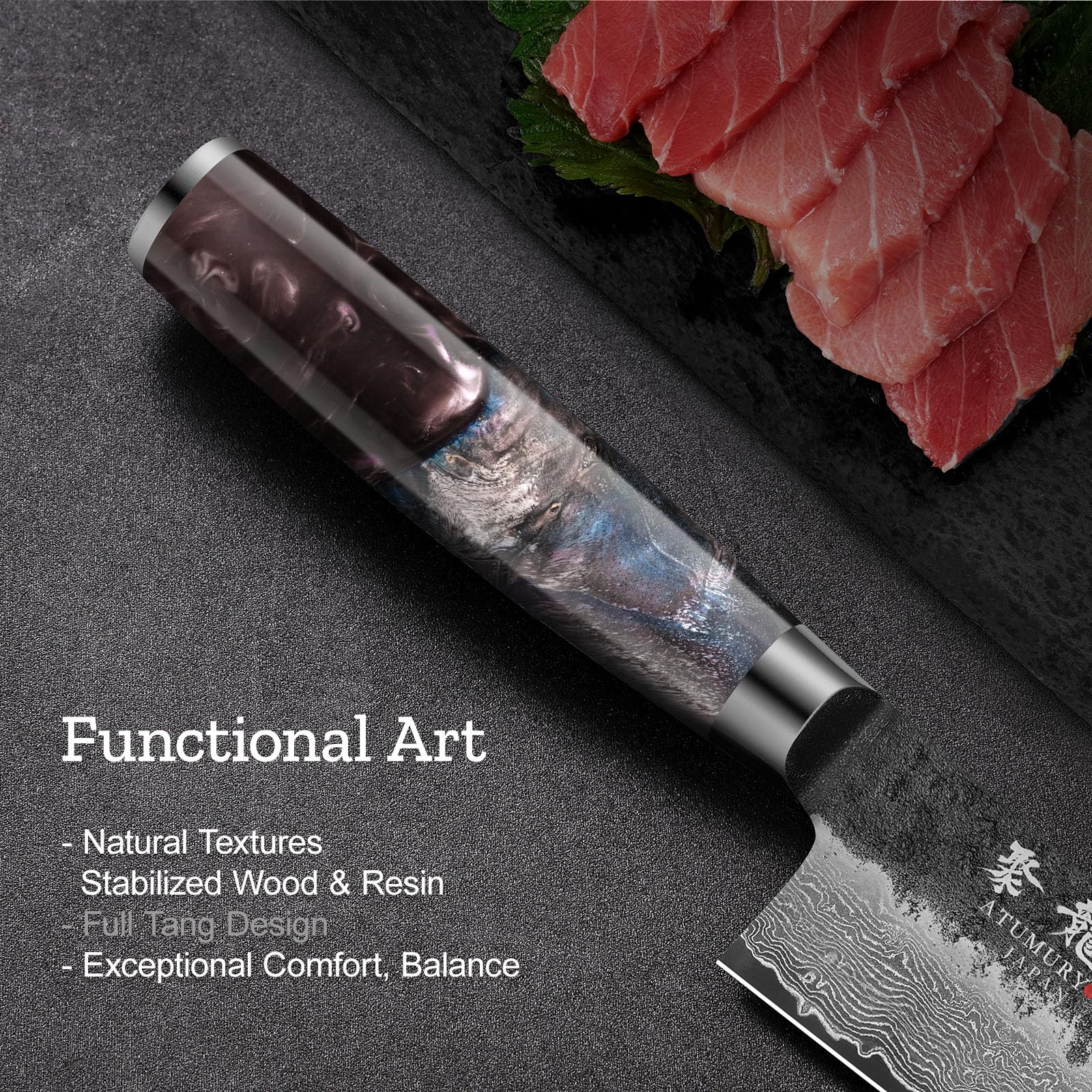 Atumuryou JPCK 67-layer Damascus blade texture highlighting durability