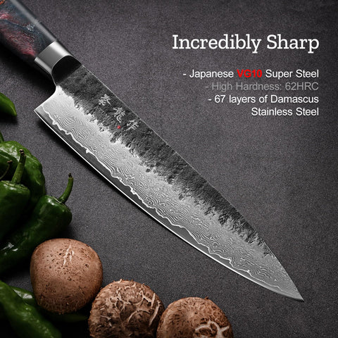 67-layer Damascus steel on the JPCK blade for toughness and resilience.