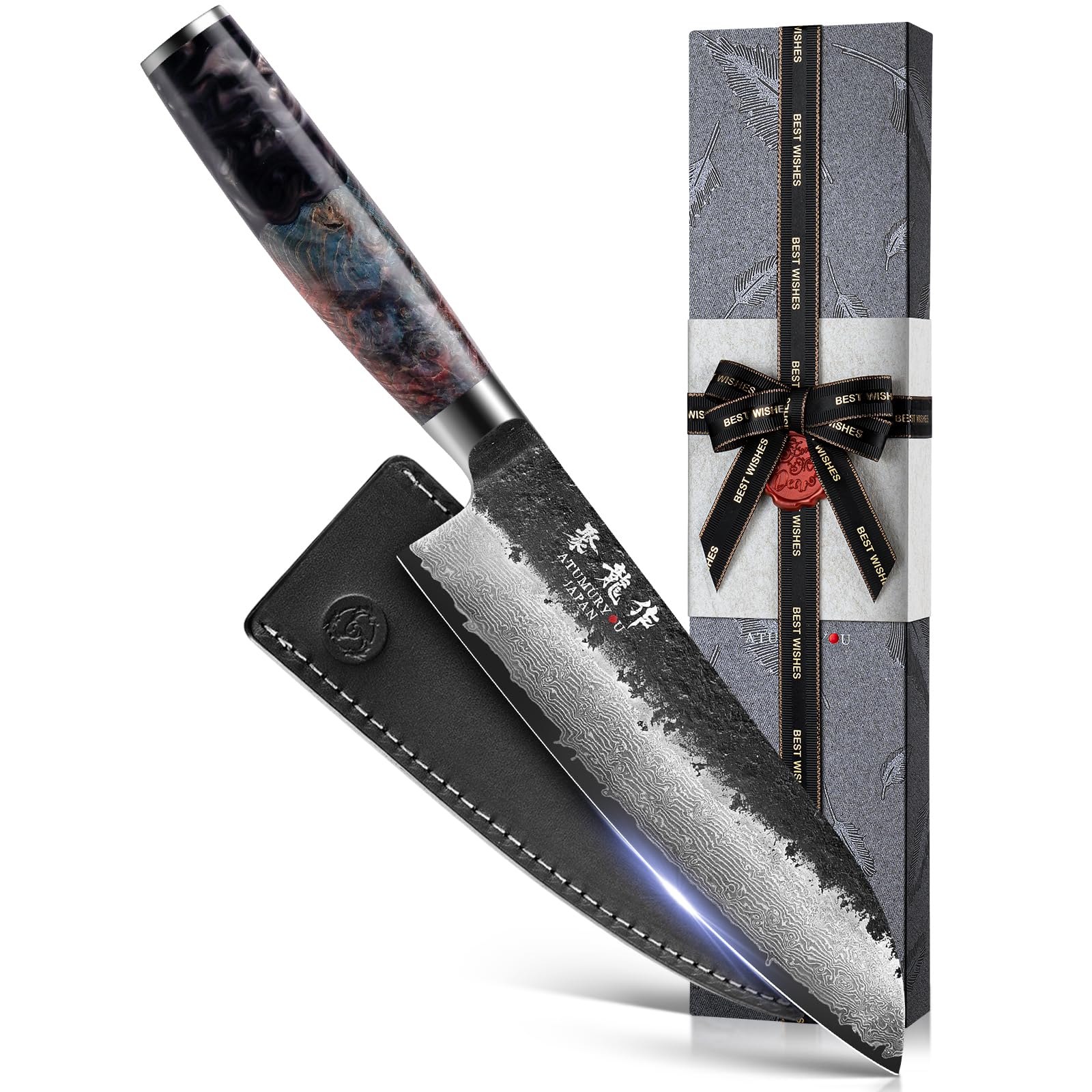 Atumuryou JPCK 7-inch Damascus chef knife ready for precise slicing