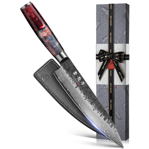 Atumuryou JPCK 8-inch VG10 Damascus blade ready for precise slicing.
