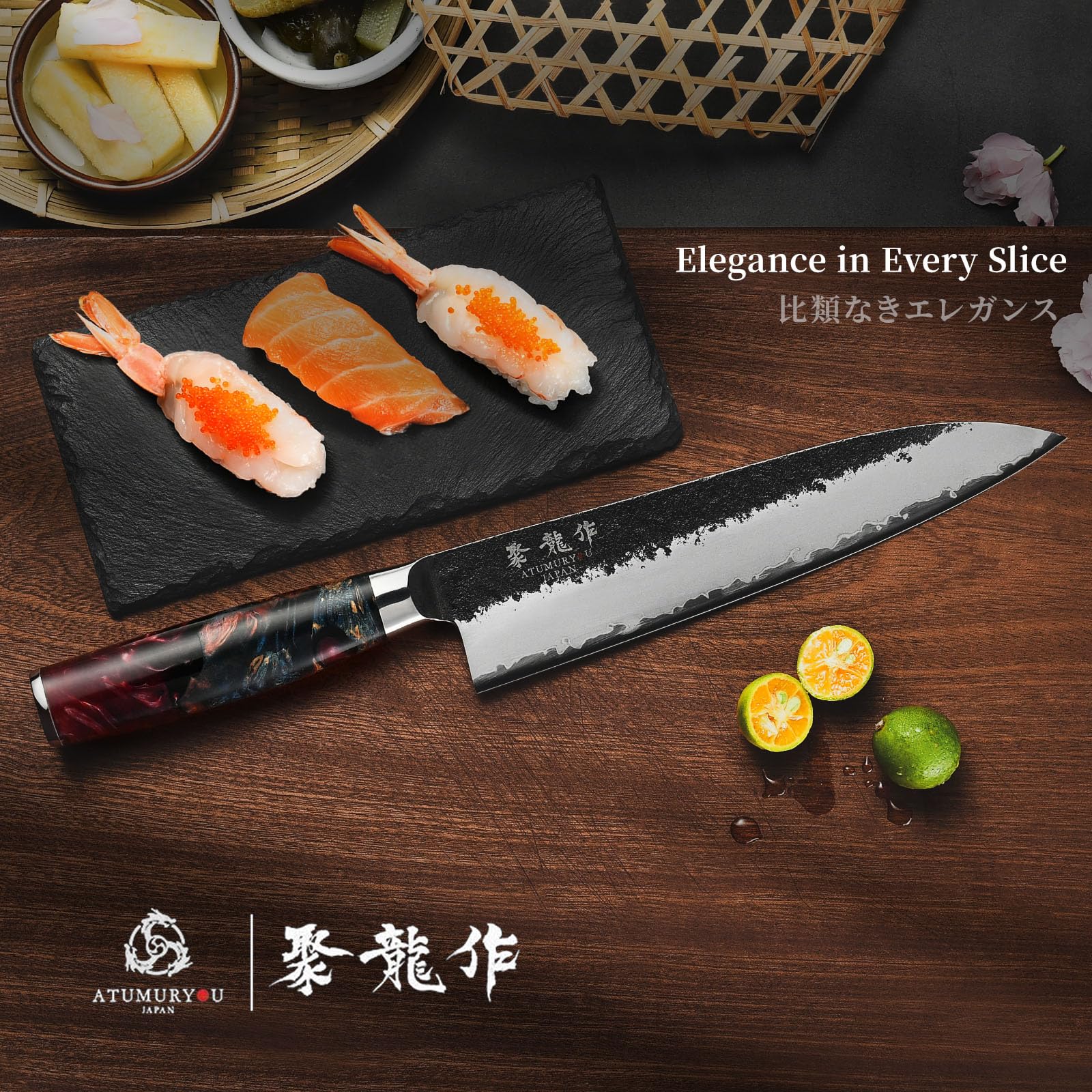 Atumuryou JPCK chef knife blade closeup showing VG10 core, sharpness, and rust resistance.