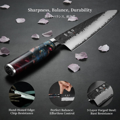 Atumuryou JPCK chef knife hand-forged texture signals artisan durability for daily slicing.
