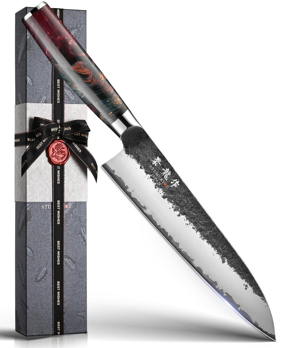Atumuryou JPCK chef knife top view highlights craftsmanship for precise, comfortable kitchen work.