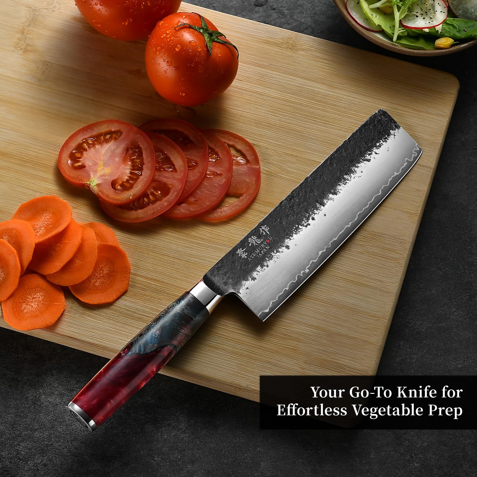 Atumuryou JPCK Nakiri knife red ergonomic handle for comfortable long use.