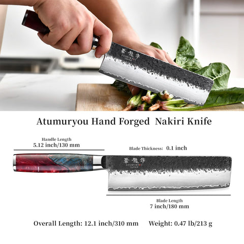 Atumuryou JPCK Nakiri knife balanced grip reduces wrist fatigue.